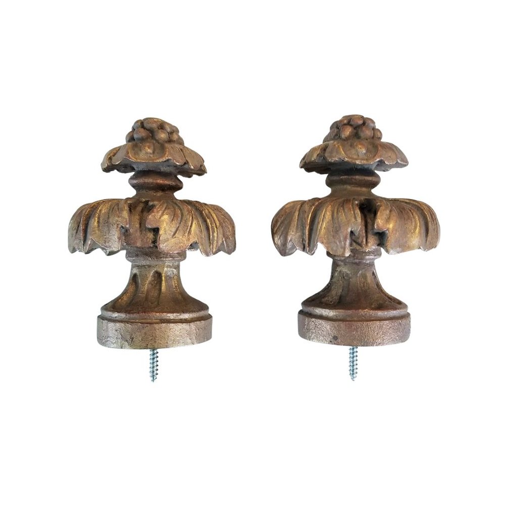 Ornate Drapery Rod Finials in Aged Gold - Set of 2